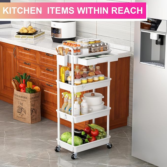 Goovilla 4 Tier Rolling Utility Cart Organizer with Removable Drawer, White | Stable and Sturdy Rolling Storage Carts with 2 Lockable Wheels for Bathroom, Kitchen, Snack, Craft, Makeup, Baby Essentials