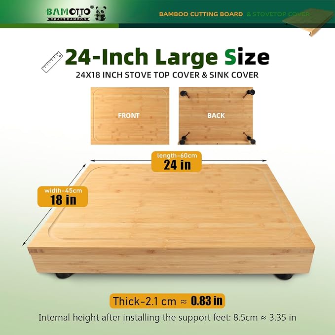 BAMOTTO CRAFTBAMBOO 24 x 18 Inch Large Bamboo Cutting Board Stovetop Cover | Detachable Support Legs | Detachable Front Lip | Over-the-Sink Board | Noodle Board | Carving and Pasta Board | XXL