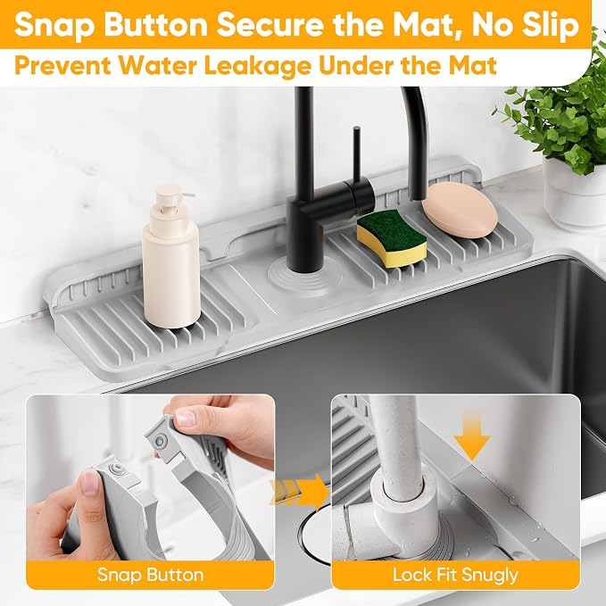 17.7'' Folding Faucet Mat for Kitchen Sink Splash Guard[7° Slope Fast Self-draining][Snap Lock Fit] Kitchen Sink Faucet Mat Splash Guard Kitchen Sink Area Water Splash Guard Behind Faucet Draining Mat