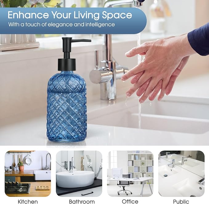 Topsky Gem Glass Soap Dispenser with Black Plastic Pump, 13oz Liquid Hand Soap Dispenser, Rustproof Pump for Kitchen & Bathroom, Great for Lotions, Essential Oil, Liquid Soaps-Blue