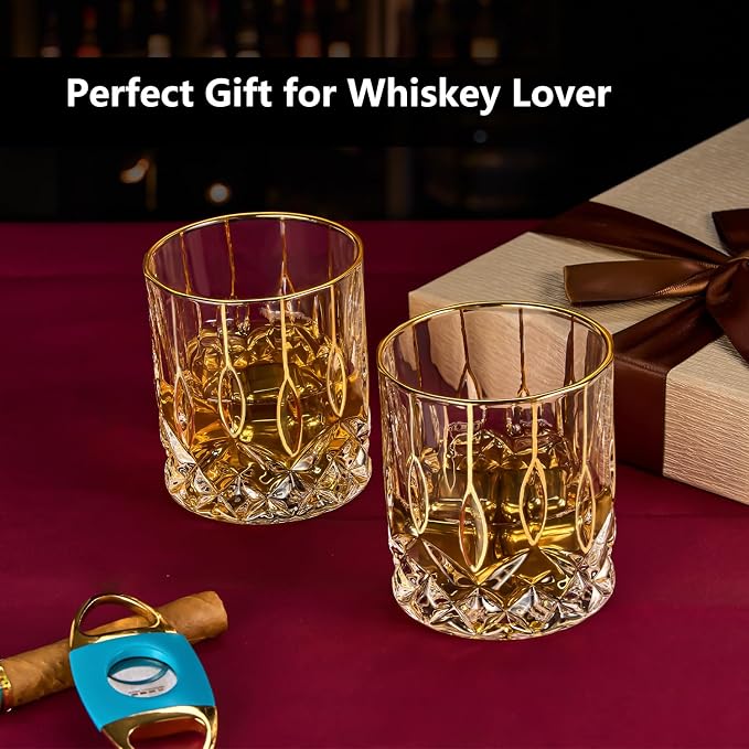 GLASKEY Gold Rim Whiskey Glasses Set of 2,Crystal Old Fashioned Glasses-Luxury Gold Collection,Perfect for Scotch Bourbon Rocks Cognac Vodka Gin Tequila Rum Liquor,Whiskey Gifts for Men