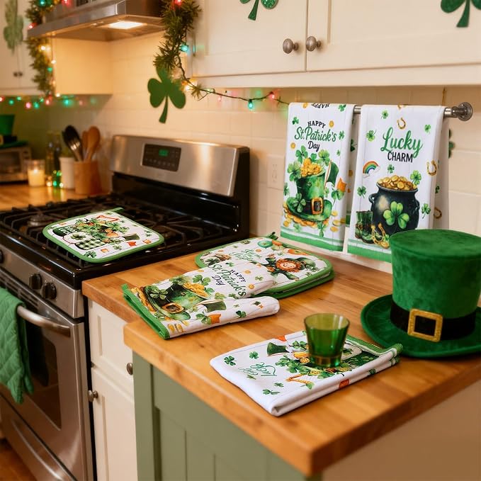 SiliFine 12 Pcs St. Patrick's Day Kitchen Towels Pot Holders and Oven Mitts Set 4 Green Clover Dish Towels 4 Shamrock Leprechaun Coins Oven Mitts 4 Gnomes Potholders for Xmas Dish Baking Decorative