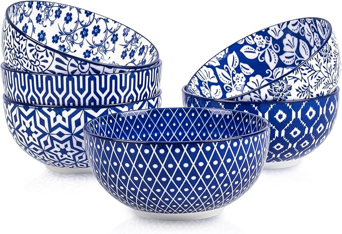 Selamica Ceramic Cereal Bowls Set of 6, 24 Oz Deep Soup Bowls for Kitchen, 5.9 Inch Porcelain Dessert Bowls for Salad, Pasta, Oatmeal, Ramen, Microwave Dishwasher Safe, Set of 6, Vintage Blue