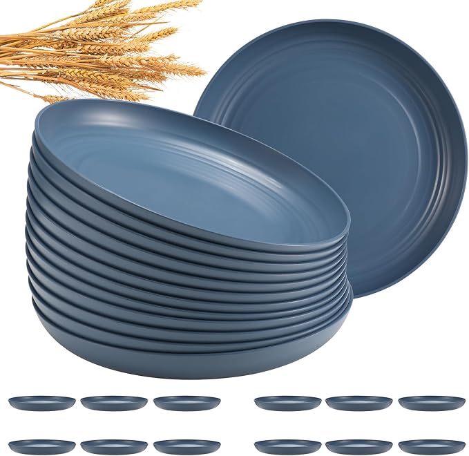 HEYCOME 12 Pcs Unbreakable Deep Dinner Plates Set, 9 inch Reusable Plastic Wheat Straw Plates, Microwave and Dishwasher Safe Plate for Kitchen, Lightweight Plate for Dessert, BPA Free, Dark Blue