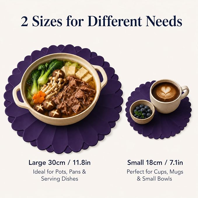 Heat-Resistant Silicone Trivet Mats, Non-Slip Hot Plate Holder for Kitchen Countertops & Dining Table, Reusable Pot Holder Pad with Secure Grip, Dishwasher Safe (Purple, Diameter: 30cm/11.81")