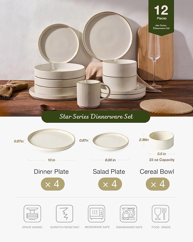 Famiware Star Stoneware Dinnerware Sets, Rimmed Plates and Bowls Set for 4 | 12-Piece Ceramic Ribbed Dishes, Chip & Scratch Resistant, Microwave & Dishwasher Safe, Everyday Dining, Rustic Modern, White
