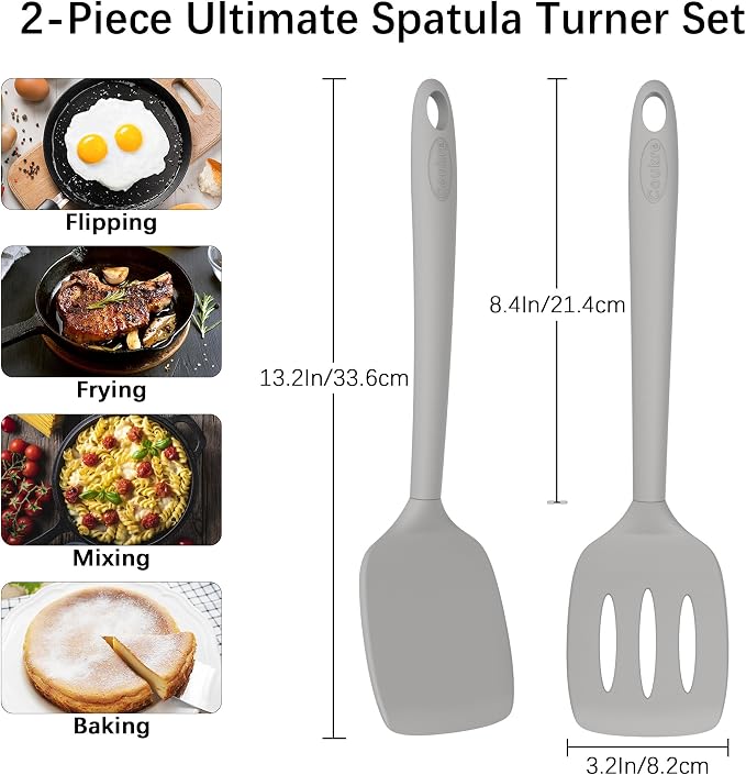 Coukre 2 Pack Silicone Spatula Set,High Heat Resistant, BPA-Free | Dishwasher Safe Kitchen Spatula for Nonstick Pans, Solid & Slotted Turners for Cooking, Sautéing, and Flipping, PureGray