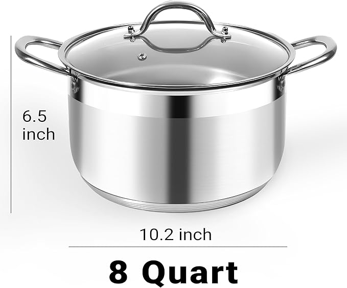 Kirecoo 8 Quart Stainless Steel Induction Stock Pot with Visible Lid | Heavy Duty, Even Heat, Thick Nonstick Base, Deep Cookware for Soup Pasta & Spaghetti, Ideal for Canning, Boiling & Simmering