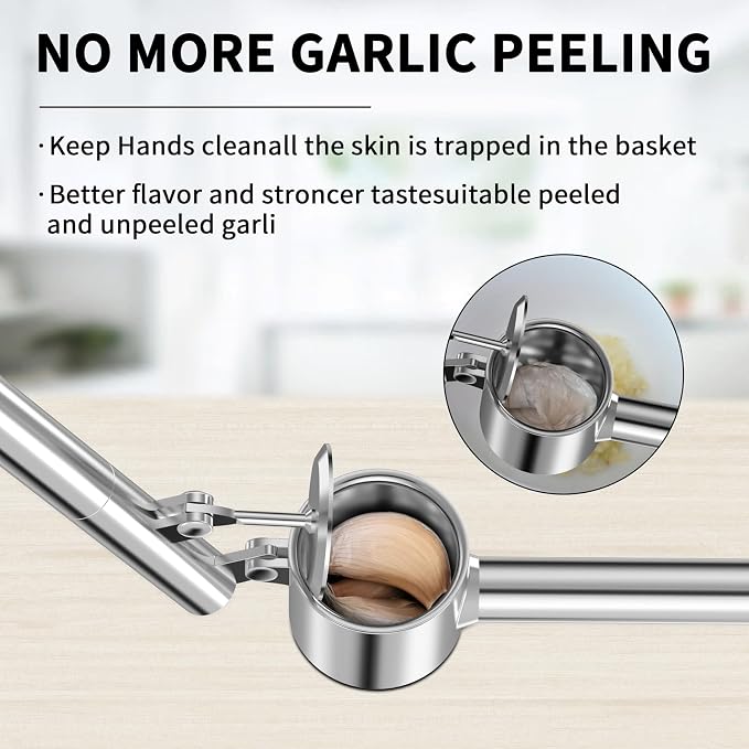 5-in-1 Stainless Steel Garlic Press Set with Jumbo Chamber & Mincer - Heavy Duty Rustproof Garlic Crusher with Ergonomic Handle, Dishwasher Safe, Easy Squeeze Design for Ginger, Nuts, Herbs