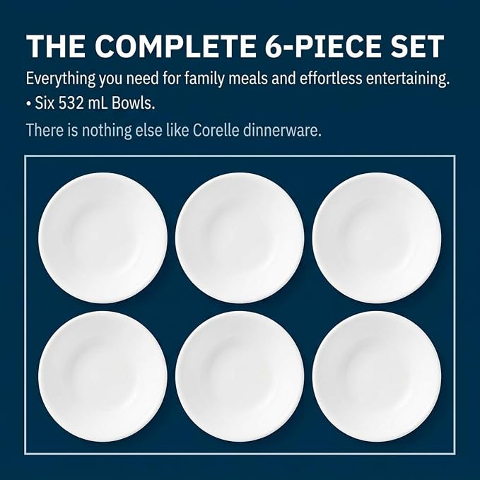 Corelle Vitrelle 6-Piece Soup/Cereal Bowl Set Triple Layer Glass and Chip Resistant, 18-Oz Lightweight Round Bowls, Winter Frost White
