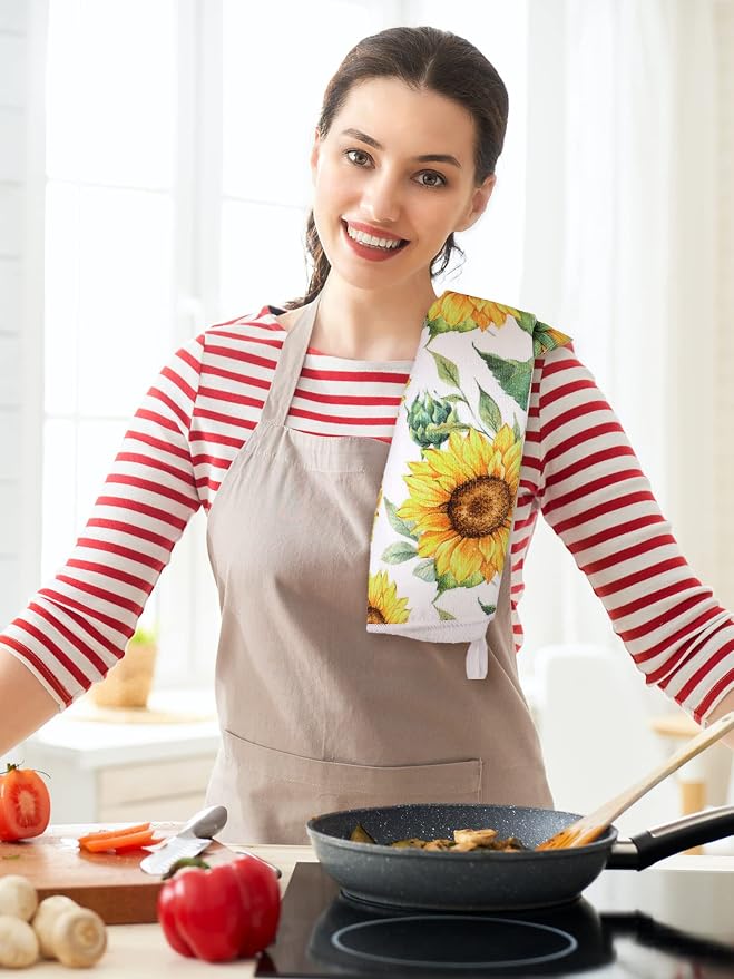 4 Pcs Sunflower Kitchen Towels, Welcome Home Hand Tea Towels Gift | Absorbent Fast Drying Dish Clothes Floral Black Yellow Decor Housewarming Gift for Cooking Bathroom Kitchen Decor