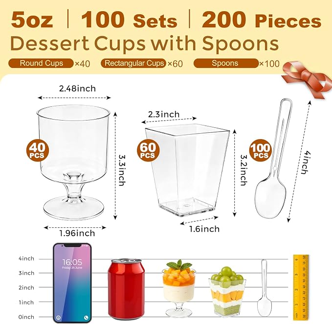Ginkgo 100 Pack (200 Pieces) 5 oz Plastic Dessert Cups with Spoons | Dual-Shape Disposable Clear Square & Stemmed Cups, Mini Parfait Cups for Appetizer, Pudding, Yogurt, Fruit & Jello Shots