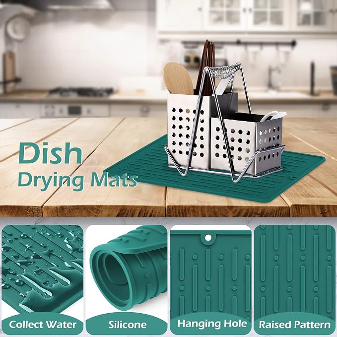 Dish Drying Mats, Heat-resistant Silicone Mat for Kitchen Counter, Non-Slip Dish Dry Mat Dishwasher Safe Small, Turquoise