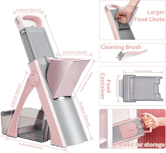 All-in-1 Safe Mandoline Slicer for Kitchen, Food Chopper with Container | 0.1-8mm Thickness Vegetable Chopper, Safe Mandoline Slicer, Potato French Fry Cutter Tomato Apple Slicer Onion (Pink)