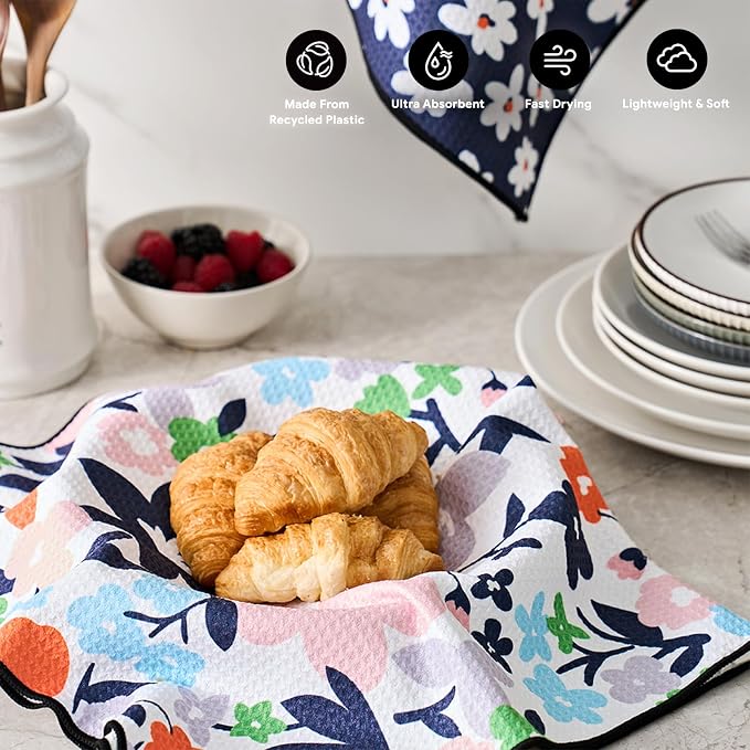 RECYCO Waffle Kitchen Towel Set of 2 - Quick Dry Microfiber Sustainable Dish Towels - Ultra Absorbent Reusable Cleaning Tea Towels - Lightweight Hand Towels,16”x 28”, Whimsy Petals