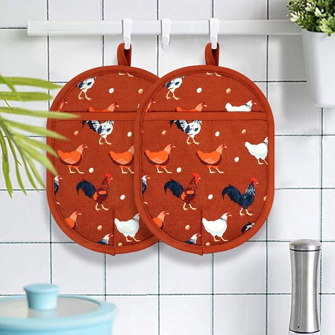 Pot Holders with Transparent Clear Silicone Shell and Nice Rooster Flower | Potholders Cotton Lining Set of 2, Heat Resistant to 500 F Kitchen Oven Gloves for Cooking (Rooster flower, Potholders)