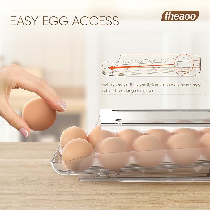 theaoo Egg Holder for Fridge, Automatic Rolling Egg Container, Clear, 2Pack | Quick Removable Inner Tray For Easy Egg Loading. Stackable Egg Dispenser For Refrigerator Storage and Organization