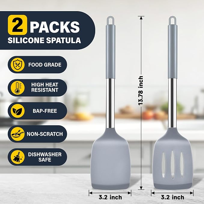 2 Pack Silicone Spatula Set, Solid & Slotted Turner for Non-Stick Pans, High Heat Resistant Silicone Spatula for Cooking, BPA-Free Stainless Steel Cooking Utensils for Fish, Eggs, Pancakes, Gray