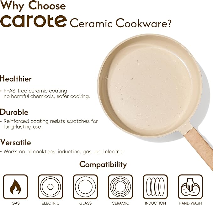 CAROTE 10 Inch Ceramic Nonstick Frying Pan with Glass Lid | Kitchen Non-Toxic PTFE & PFOA Free Skillet, Compatible with Induction, Gas Cooktops, Easy to Clean