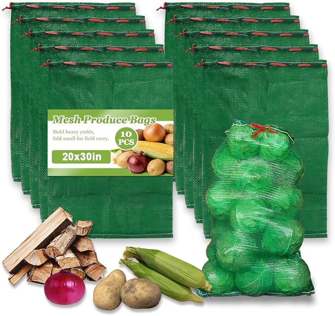 10Pcs 31''x20'' Extra Large Mesh Storage Bags for Produce & Onions（Green) | Reusable Breathable; with Drawstring Closure; Holds up to 33lbs; Ideal for Onions, Potatoes, Crawfish, Firewood Storage