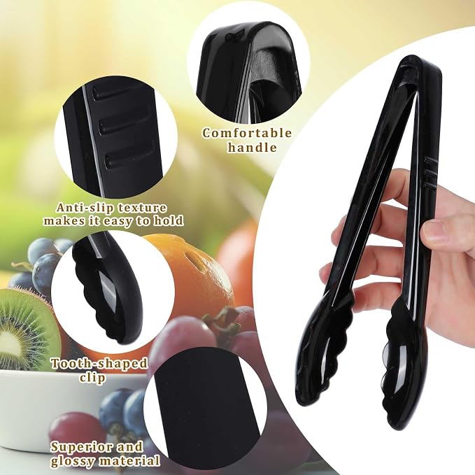 Mwellewm 24 Pc Plastic Tongs for Serving 9 Inch Bulk Reusable or Disposable Tongs Heavy Duty Hard Serving Utensils Set Large Salad Tong for Kitchen Party Food Buffet Appetizer BBQ Event Catering Black
