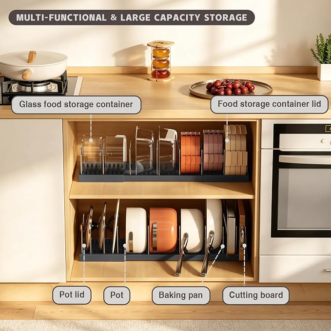 Magheo 2 Pack Pots and Pans Organizer Under Cabinet, Expandable 12.6"-22.8" Kitchen Cabinet Organizer Holder with 10 Adjustable Dividers for Food Storage Container Lid, Cookie Sheet, Cookware(Black)