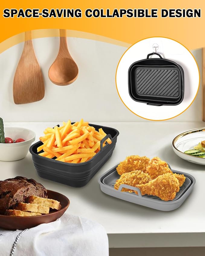 Air Fryer Silicone Liners Collapsible 2-Pack for bella Slim 4Qt(3.3lb) | Reusable Airfryer Silicone Pot Baking Basket Insert Accessories, Non Stick, Easy Cleaning, Gray+Black
