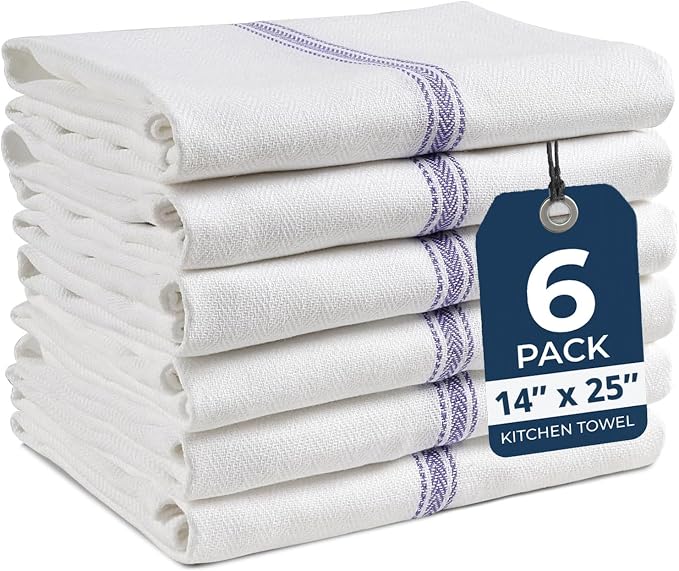 LANE LINEN Kitchen Towels, 6 Pack 14"x25" Dish Drying Towels, 100% Cotton Tea Towel with Hanging Loop, Reusable Napkin, Durable After Multiple Washes, Soft & Absorbent - Blue Stripe