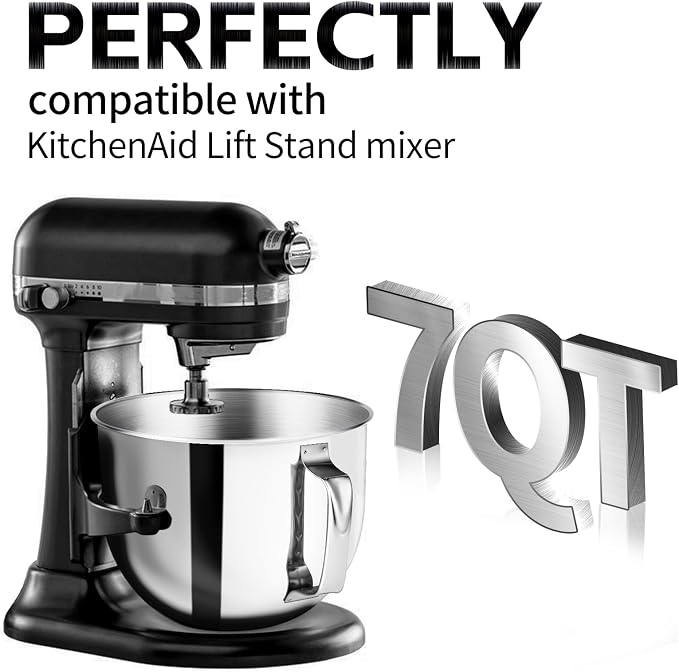 7QT Stainless Steel Mixer Bowl for KitchenAid Bowl Lift Mixer | 304 Stainless Steel, Food Grade, Dishwasher Safe, Handle Design, Large Capacity Mixing Bowl for Baking & Cooking