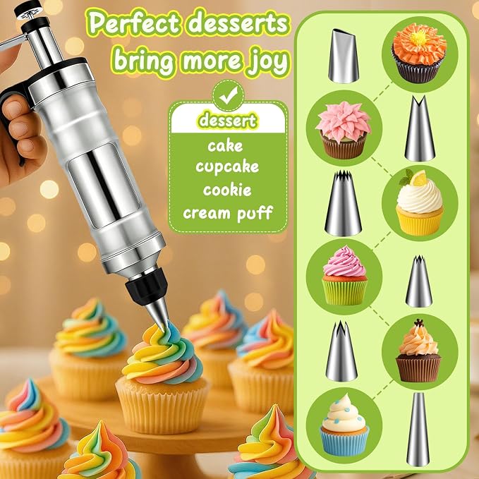 FANTEXY Dessert Decorating Syringe Set, Stainless Steel Icing Piping Kit | Cake Decorating Tools, 6 Piping Icing Nozzles, Cupcake Decorating Kit