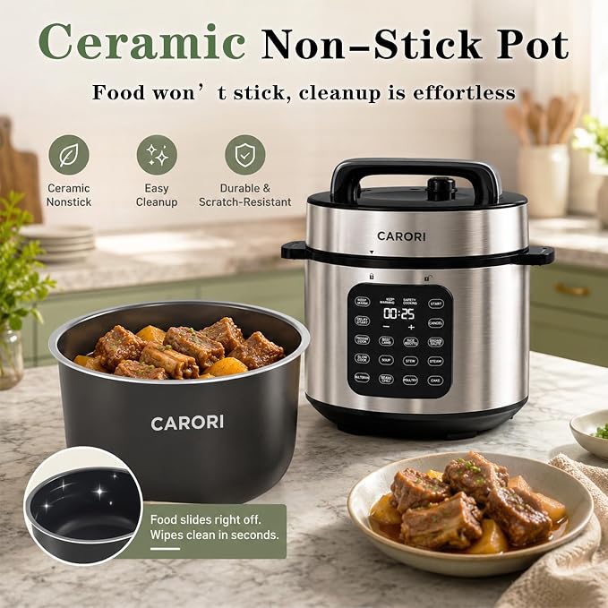 CARORI 6 Qt Electric Pressure Cooker, 9-in-1 Multi-Cooker with IMD Touchscreen, 24H Delay Start, Nonstick Ceramic Pot, Rice Cooker, Slow Cooker, Steamer, Sauté, Silver