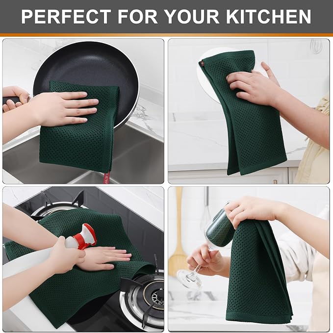 Kitinjoy Cotton Waffle 6-Pack Kitchen Towels, 13" x 28", Blackish Green | Super Soft, Ultra-Absorbent, Fast Drying, lightweight, Quick Drying Kitchen Hand Towels