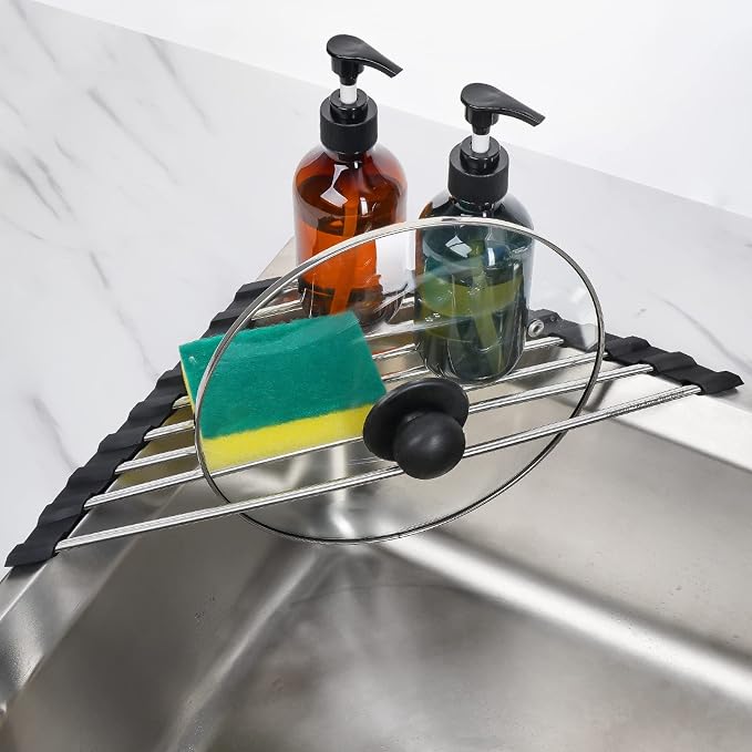 Tomorotec Triangle Roll Up Dish Drying Rack 304 Stainless Steel Black | BPA-Free Food-Grade Silicone Edges Foldable Waterproof Rustproof Heavy-Duty Space Saver Heat Resistant to 550°F