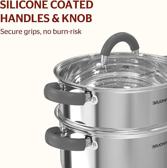 SUNHOUSE 3-Quart Stainless Steel Steamer Pot for Cooking | Steaming Pot with Glass Lid & Steamer Basket - 2 Tier Tri-ply Stovetop Steamer For Vegetable, Veggie - Induction Compatible