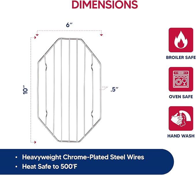 HIC Kitchen Roasting Octagonal Baking Rack, Chrome-Plated Steel Wire, Fits Oval And Smaller Roasting Pans, 9.5 x 6.125 x 0.5-Inches