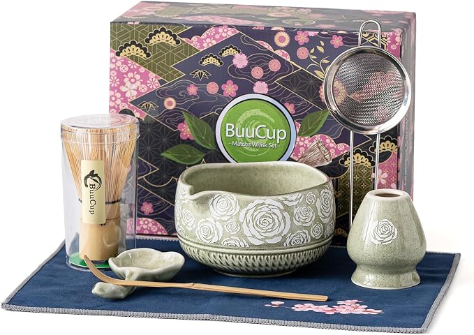 Matcha Whisk Set, 7-Pc Ceramic Matcha Bowl Kit, Bamboo Whisk,（Rose Green） | Buucup Matcha Making Set,Includes Matcha Bowl, Matcha Whisk and Holder, Bamboo Scoop, Scoop Rest, Sifter and Tea Towel