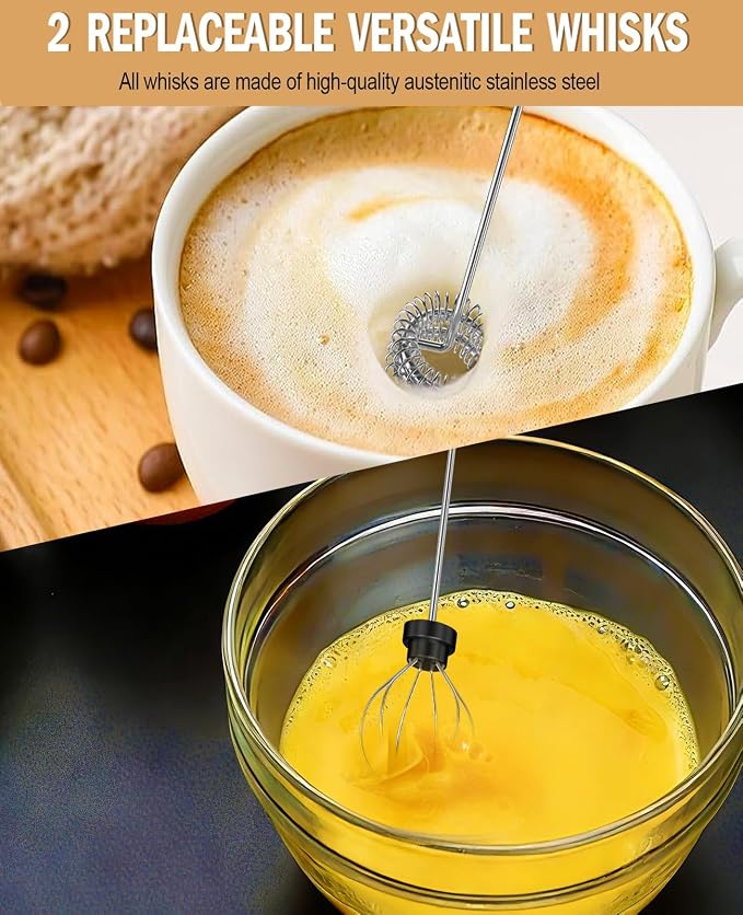 Rechargeable Milk Frother Handheld, hand mixer, Coffee Frother Handheld | Electric Frother Whisk with 3 Speeds, Portable Hand Drink Mixer with 2 Heads for Coffee, Lattes, Cappuccino, Eggs (Black)