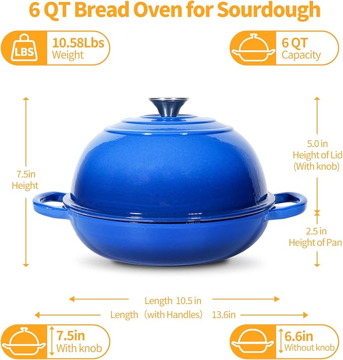 6QT Enameled Cast Iron Dutch Oven For Sourdough Bread Baking | Dutch Oven Pot With Lid,Non-stick Sourdough Baking Pan with Bread Dome,Round Ceramic Dutch Oven Pot for Homemade