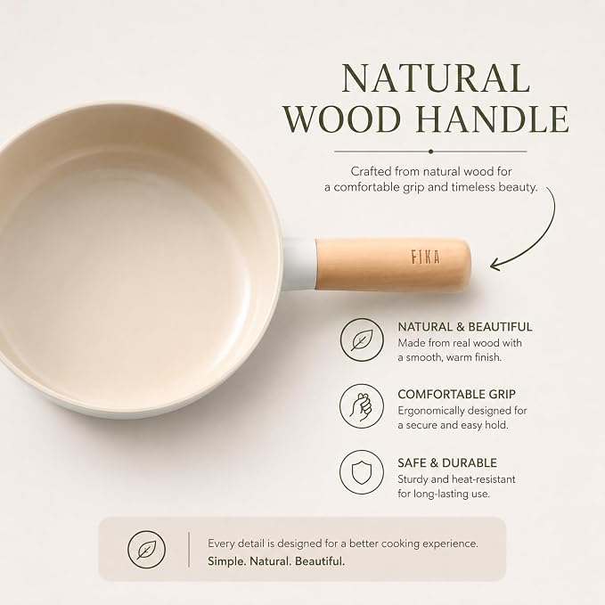 FIKA Small 7-Inch Deep Ceramic Coated Wok Pan, Nonstick Stir Fry & Soup Pan with Natural Wooden Handle, Induction Compatible for All Stovetops, Made in Korea (18cm)