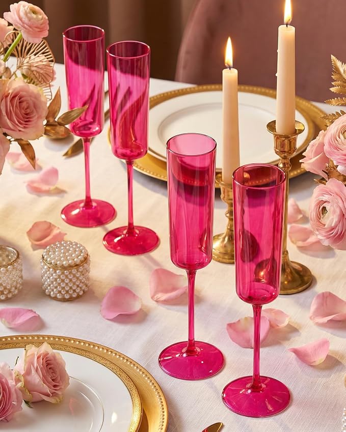 Ciaell 24 Pack Hot Pink Plastic Champagne Flutes for Weddings Birthdays | 6 oz Hot Pink Square Toasting Cups, Heavy Duty Plastic, Champagne Wine Cocktails Mimosas for Anniversaries Parties Bars