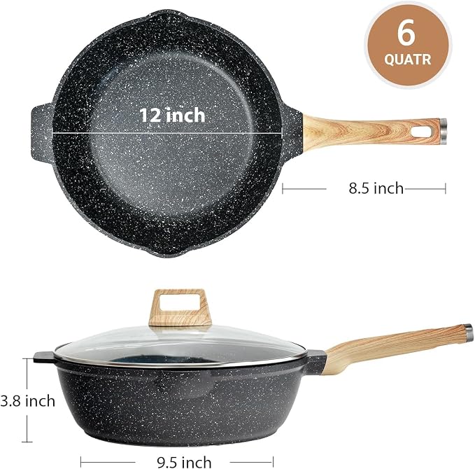 12-Inch Deep Frying Pan, Nonstick with Lid & Strainer, 6QT Granite Skillet, Induction/Gas Compatible, Includes Spatula & Sponge