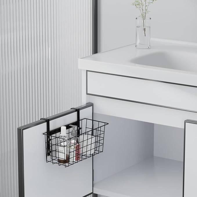 MaraFansie Basket with Hook, Grid Storage Basket, Over the Cabinet Door Organizer, Wire Hanging Basket with Hook Over the Railing, Under Sink Kitchen Cabinet, Pantry, Bathroom, Black, 2 Pack