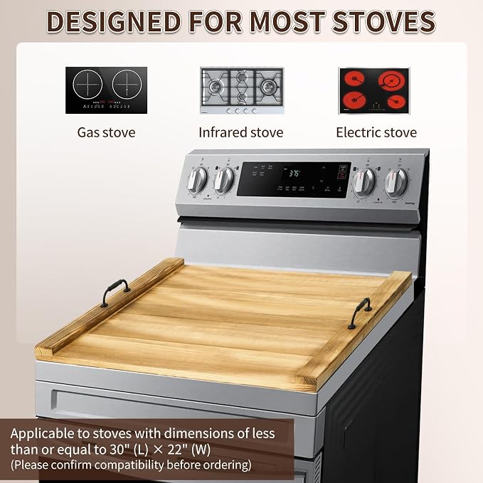 Gas Stove Top Cover with Handles, Wooden Noodle Board for Electric Gas Stovetop, 30 x 22 Inches, Light Brown