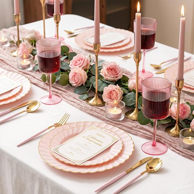 Ciaell 12 Pack Pink Plastic Wine Glasses for Weddings Outdoor Gatherings | 10 oz Pink Ribbed Square Stemmed Cups, Heavy Duty Plastic, Champagne Wine Cocktails Beverages for Parties Birthdays Dinners