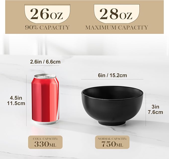 MALACASA 26 Oz Black Ceramic Bowls Set of 6,Cereal & Soup Bowl for Kitchen | Perfect for soup, cereal, ramen, rice, oatmeal & salad; Scratch-resistant ; stackable, microwave, oven & dishwasher safe