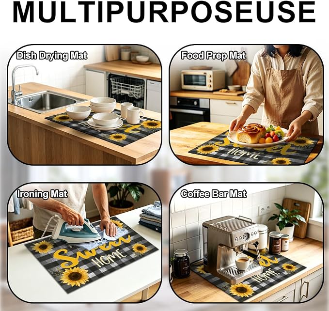 Sunflower Home Sweet Home Stove Top Cover, Buffalo Plaid, 28x20 in | Home Sweet Home sign with sunflowers on gray buffalo plaid; non-slip mat; protects glass and electric cooktops; 28x20 in