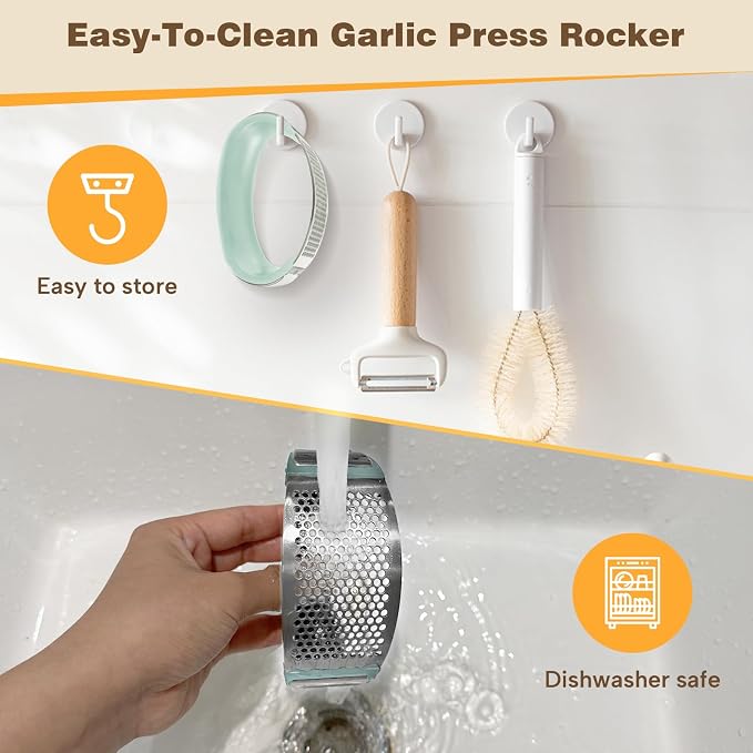 Cook Guy 304 Stainless Steel Garlic Press Rocker Set | Premium Garlic Mincer, Crusher, Peeler, and Scraper Tool for Effortless Mincing - Comfortable Grip Garlic Grinder (Green)