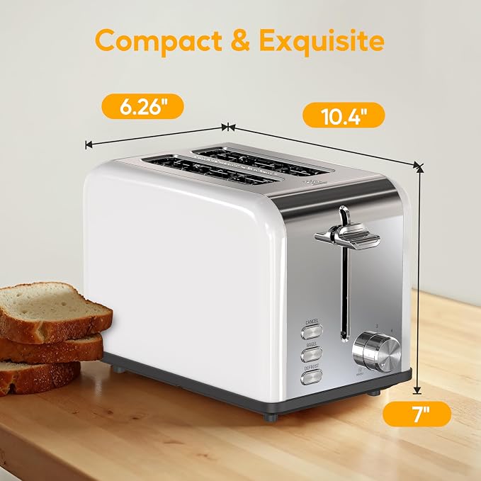 HealSmart 2-Slice Stainless Steel Toaster, 6 Browning Setting and 3 Function Toaster, Extra Wide Slot & Removable Crumb Tray, for Bread & Waffle, White