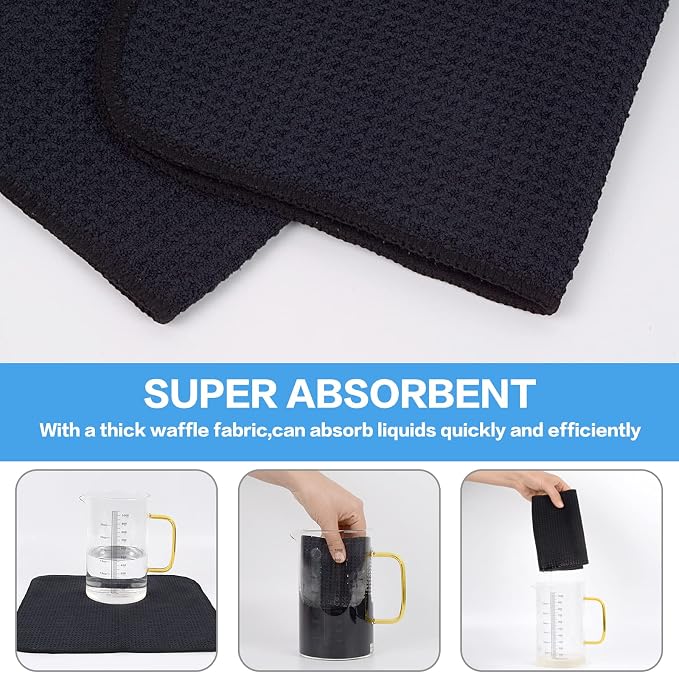 Dish Cloths for Washing Dishes with Scrub Side, Microfiber Dish Rags | Dual-sided microfiber dish cloths with scrubber for stuck-on food, quick dry kitchen washcloths 6 Pack, 12 Inch Black-B