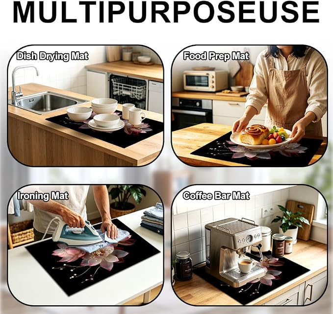 Pink Pearl Lotus Flower Black Stove Top Cover 28.35x20.47in Glam | Pink pearl lotus flower black stove top cover 28.35x20.47 in; modern glam cooktop mat dishwasher safe machine washable